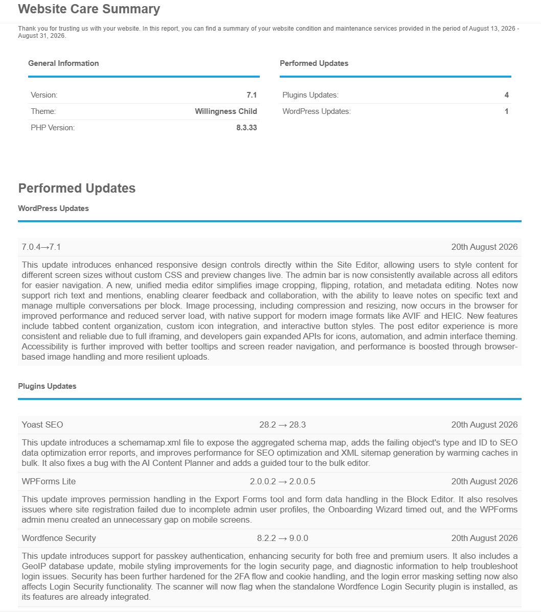 A client report with Update Brief summaries in it