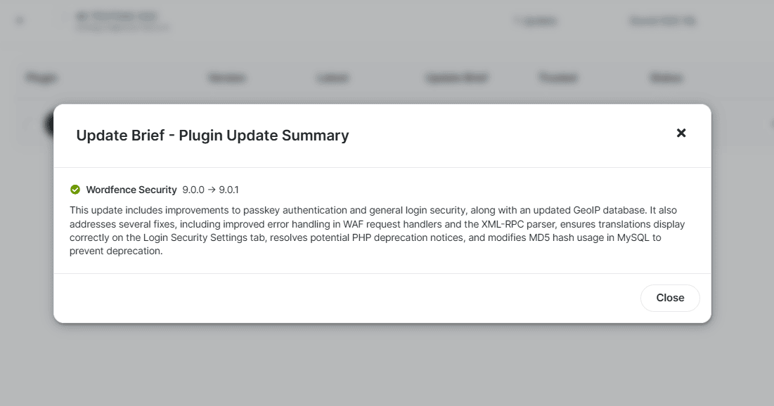 An update summary shown before applying an update
