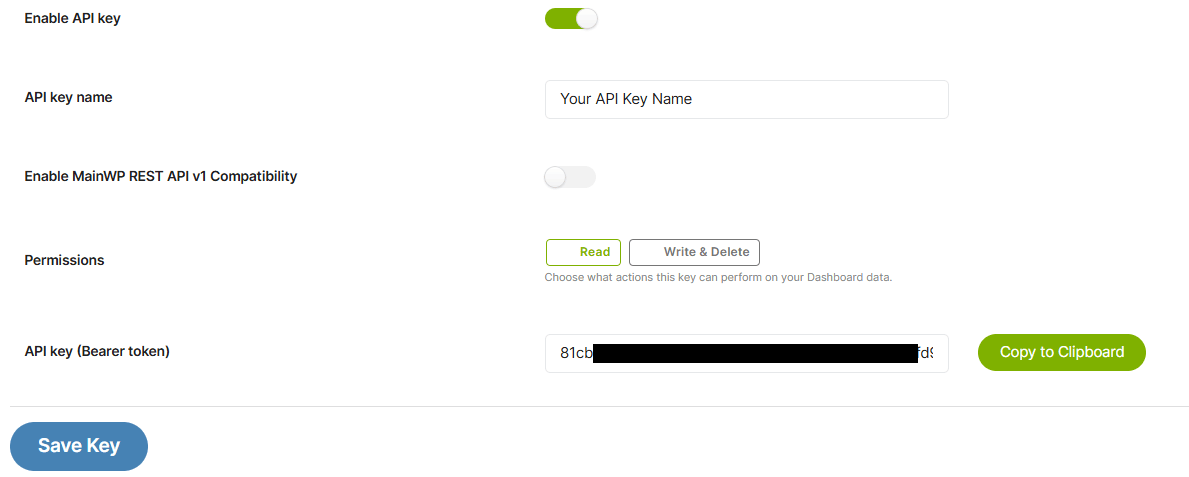 The MainWP REST API key creation screen, showing description, permissions, and save settings fields