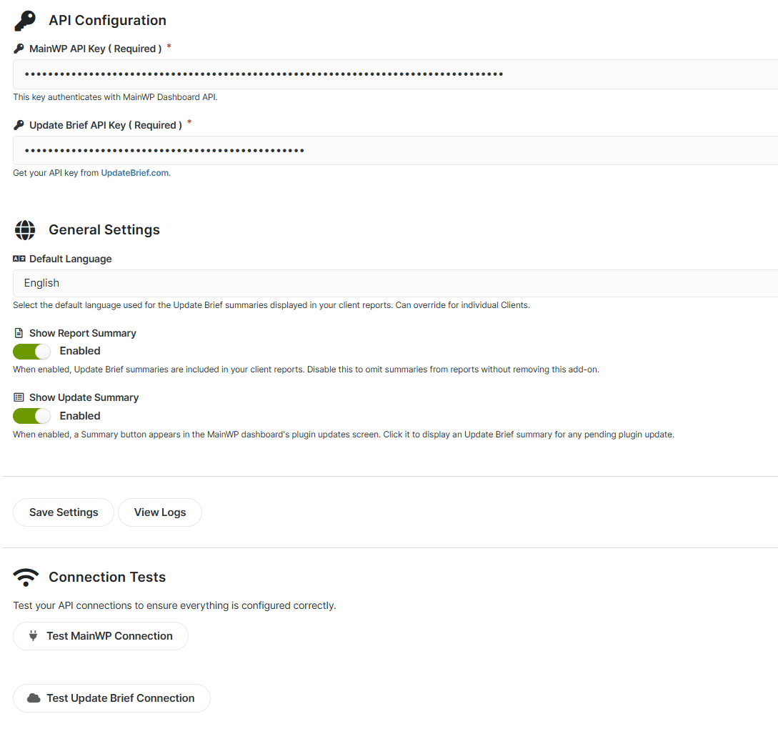 The Update Brief settings page inside MainWP, showing fields for both API keys and test connection buttons