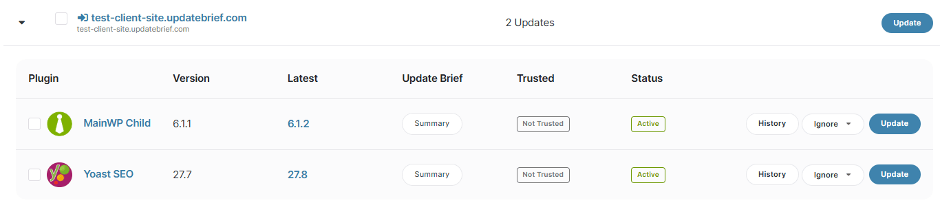 The Updates screen inside MainWP, showing plugin updates with a Summary button