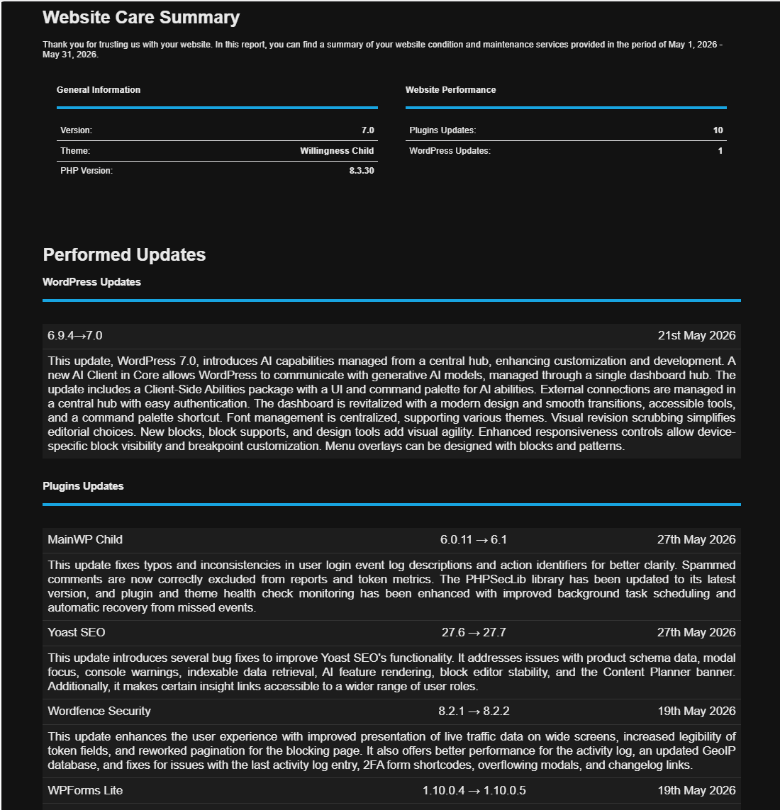 A sample client report showing Update Brief summaries beneath each plugin update entry