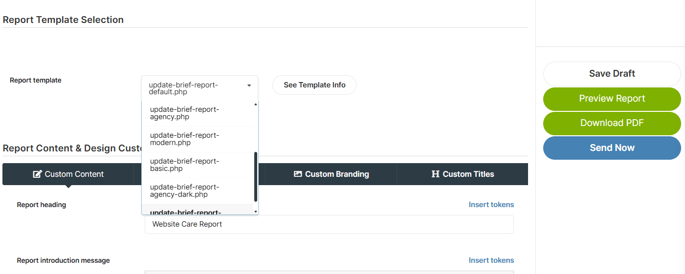 The MainWP Pro Reports template selector with Update Brief templates highlighted